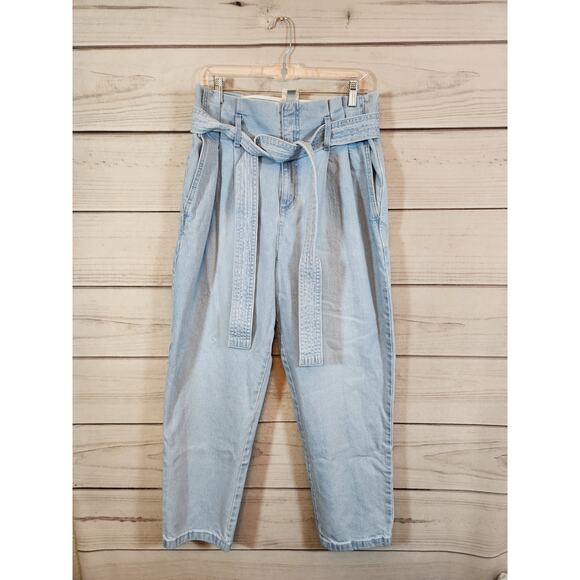 A New Day Womens Blue Solid Cotton High Rise Belted Straight Cropped Jeans Sz 12 - Picture 1 of 7